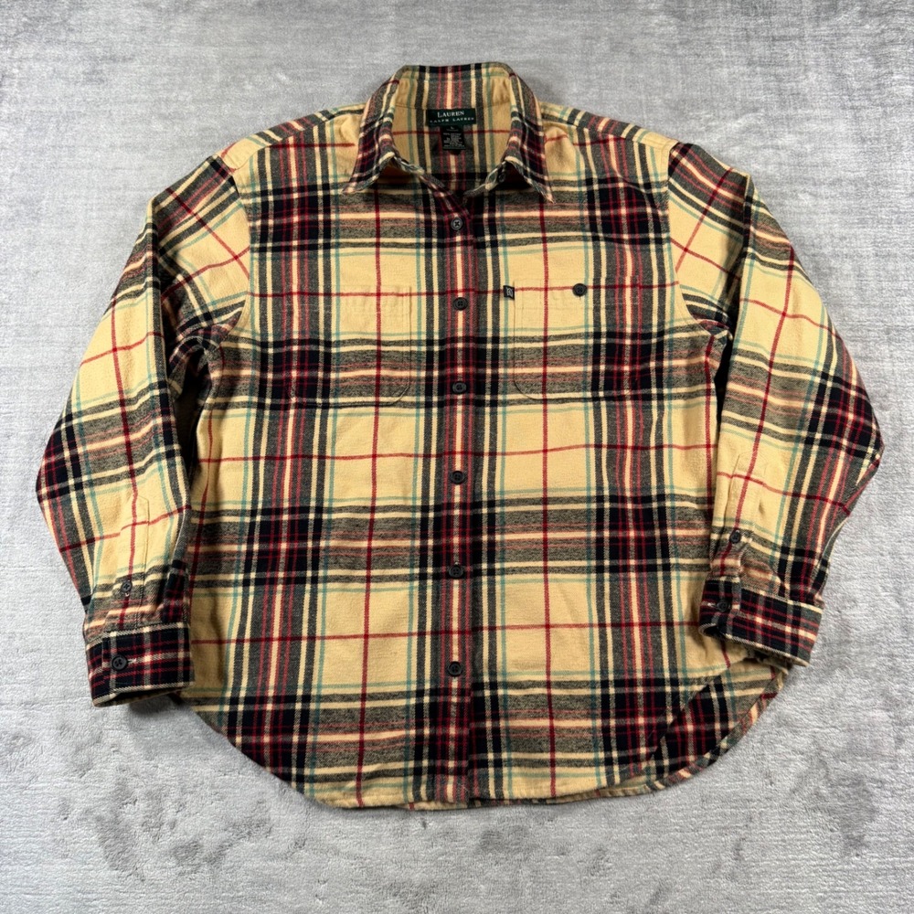 Lauren Ralph Lauren Flannel Shirt Mens Large Tan Red Plaid Button Down Cotton